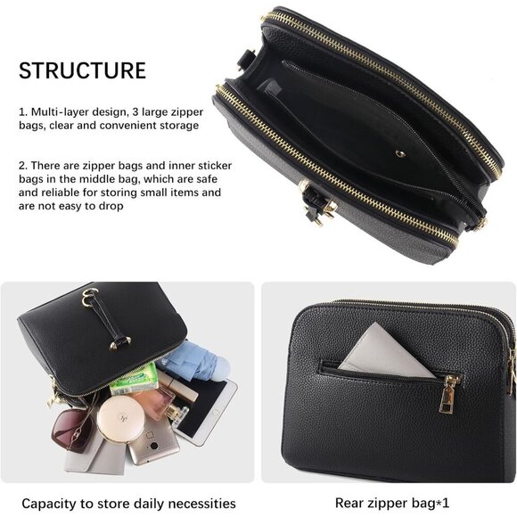 Vegan Leather Crossbody Bag Small Multi-zip Travel Purse for Women